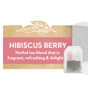 "Hibiscus Berry" text next to close-up of tea bag