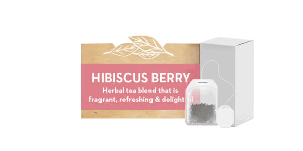 "Hibiscus Berry" text next to close-up of tea bag