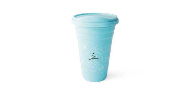 Teal and green tumbler featuring Caribou logo