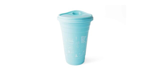 Teal and green tumbler, white various Minnesota-related icons
