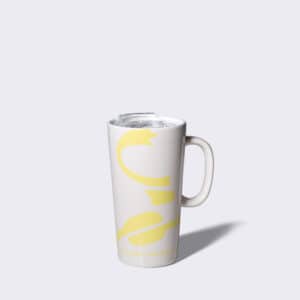 Natural colored latte mug with yellow caribou coffee logo