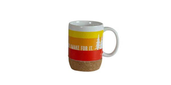 Red/orange/yellow/white striped mug, with cork bottom, with Caribou slogan