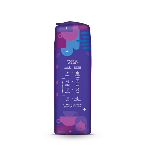 Side panel of Amy's Blend dark roast that gives information on the best way to brew the beans.