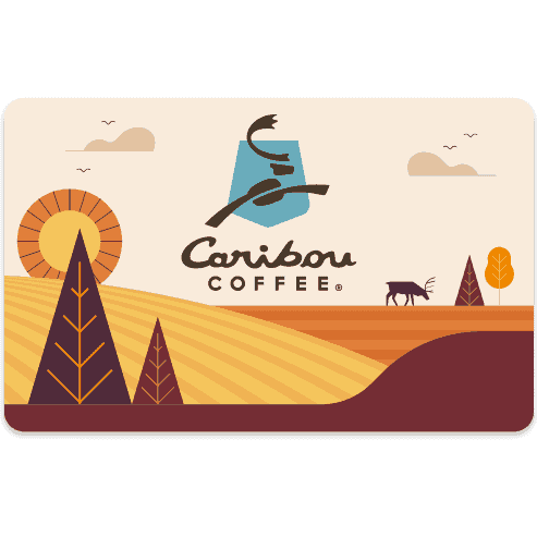 Fall scene physical gift cards. Caribou Coffee logo