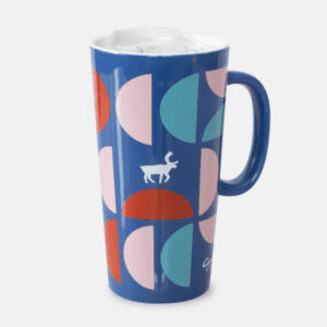 Blue latte mug tumbler with shapes and a caribou on it.