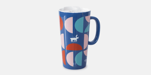 Blue latte mug tumbler with shapes and a caribou on it.