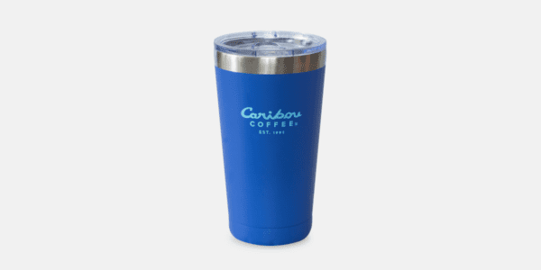 Blue Stainless Steel Tumbler with a blue Caribou Coffee logo.