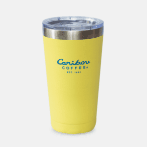 Yellow Stainless Steel Tumbler with a blue Caribou Coffee logo.