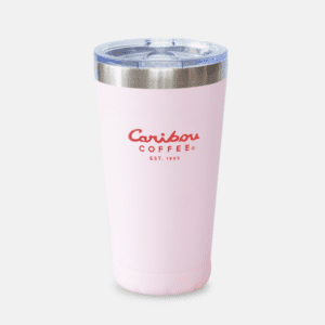 Pink Stainless Steel Tumbler with a red Caribou Coffee logo.