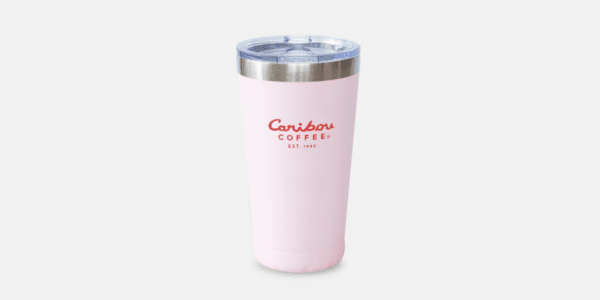 Pink Stainless Steel Tumbler with a red Caribou Coffee logo.