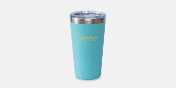 Blue Stainless Steel Tumbler with a yellow Caribou Coffee logo.