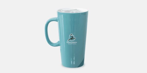 Caribou Coffee Latte mug. Back with a Caribou Coffee logo