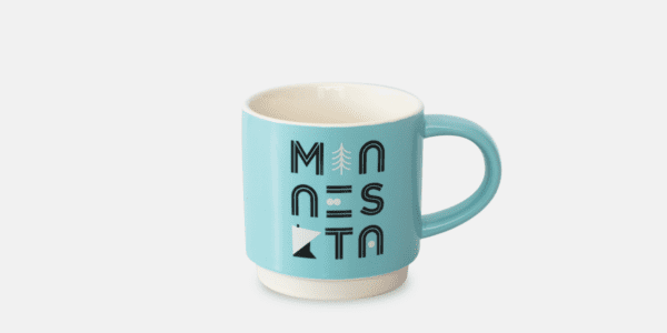 Blue mug with Minnesotan print on it