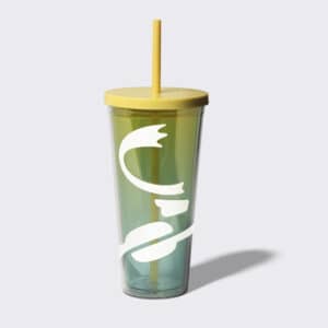 Green and Yellow Cold Cup Tumbler with White Caribou Coffee logo