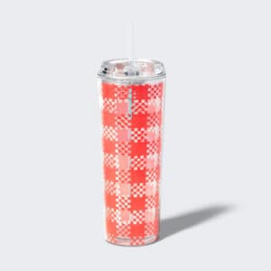 Pinnk plaid tumbler with a straw. Add to cart now.