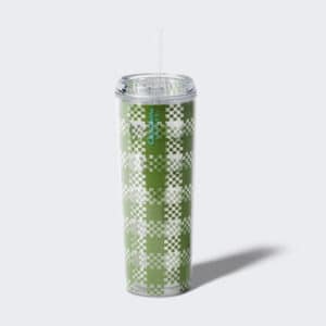 Green plaid tumbler with a straw. Add to cart now.