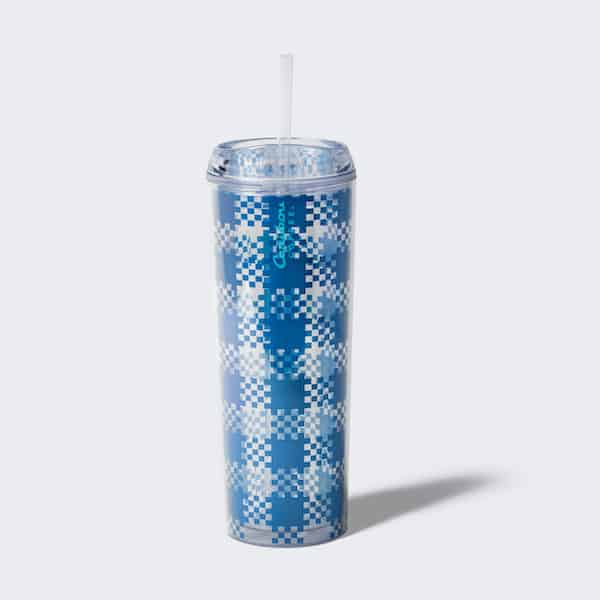 Blue plaid tumbler with a straw. Add to cart now.