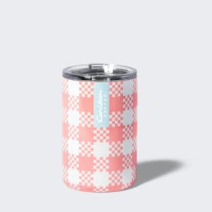 Pink plaid short tumbler with a blue stripe and a caribou coffee logo. Add one to your cart now