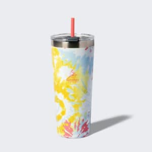 Yellow Tie Dye tumbler with a straw and a caribou coffee logo. Buy one now.