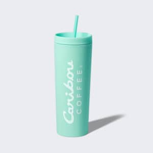 Teal silicone tumbler with a straw and a caribou coffee logo. Buy one now.