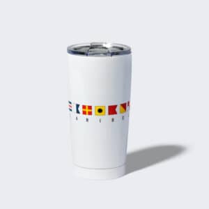 White tumbler with caribou sailing flags on it. Add one to your cart