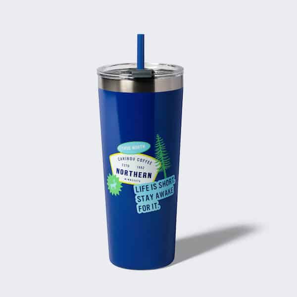 Blue tumbler with straw and stickers on it. Buy one now
