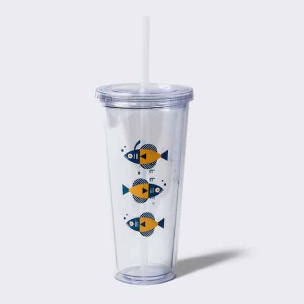 Clear tumbler with three fish on it with a straw. Add to cart now.
