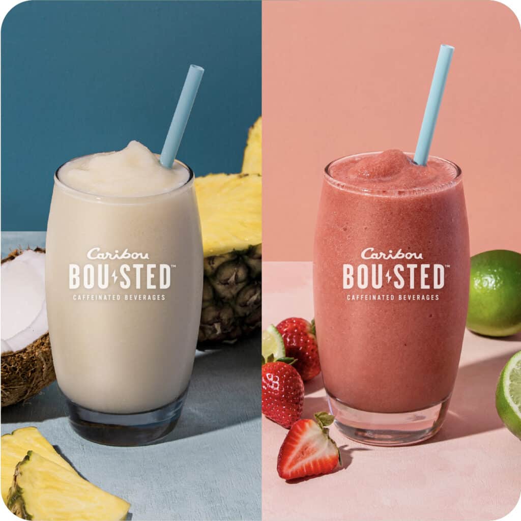 Pina Colada and Strawberry Daiquiri Blended BOUsted Mocktails on the Caribou Coffee Summer Menu. Order one now.