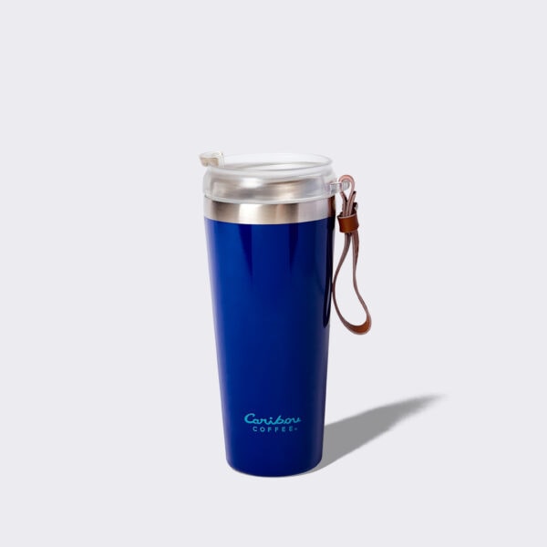 Dark Blue Tumbler with a leather handle and a caribou leaping bou icon back