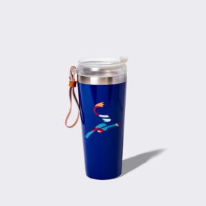 Dark Blue Tumbler with a leather handle and a caribou leaping bou icon