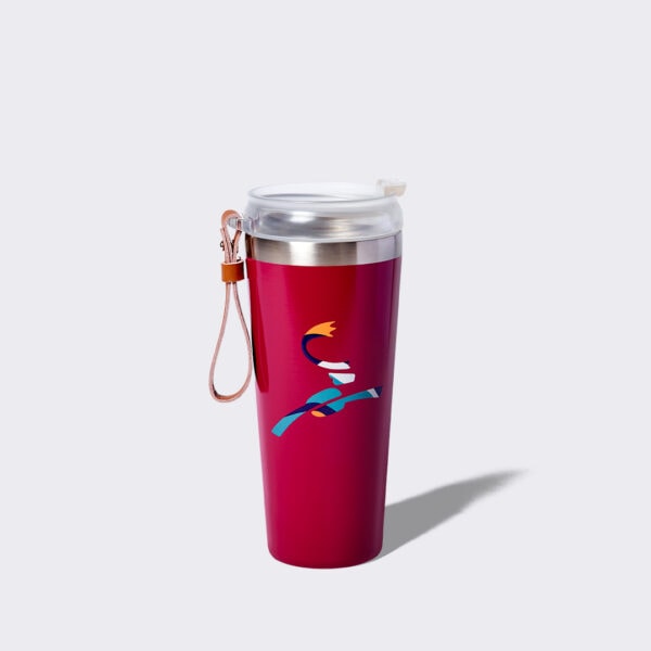 Red Tumbler with a leather handle and a caribou leaping bou icon