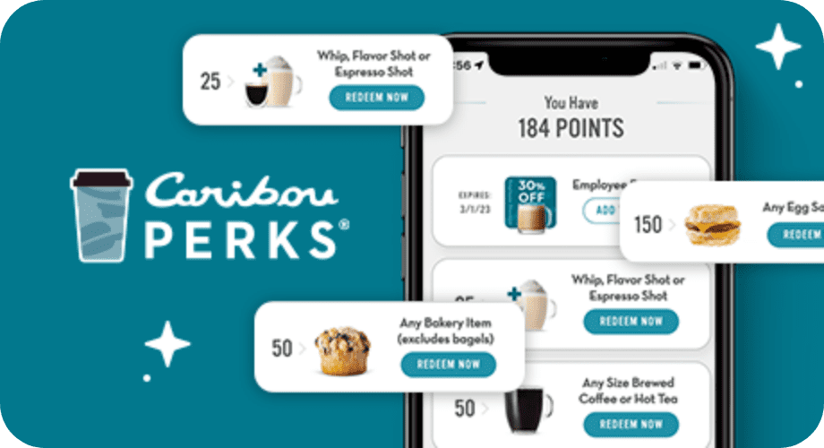 Caribou Perks logo. Rewards within the Caribou Coffee® app.