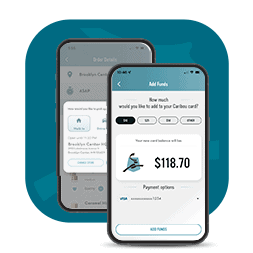 Two screens of the Caribou Coffee App. One showing pickup locations and the other showing the payment method.