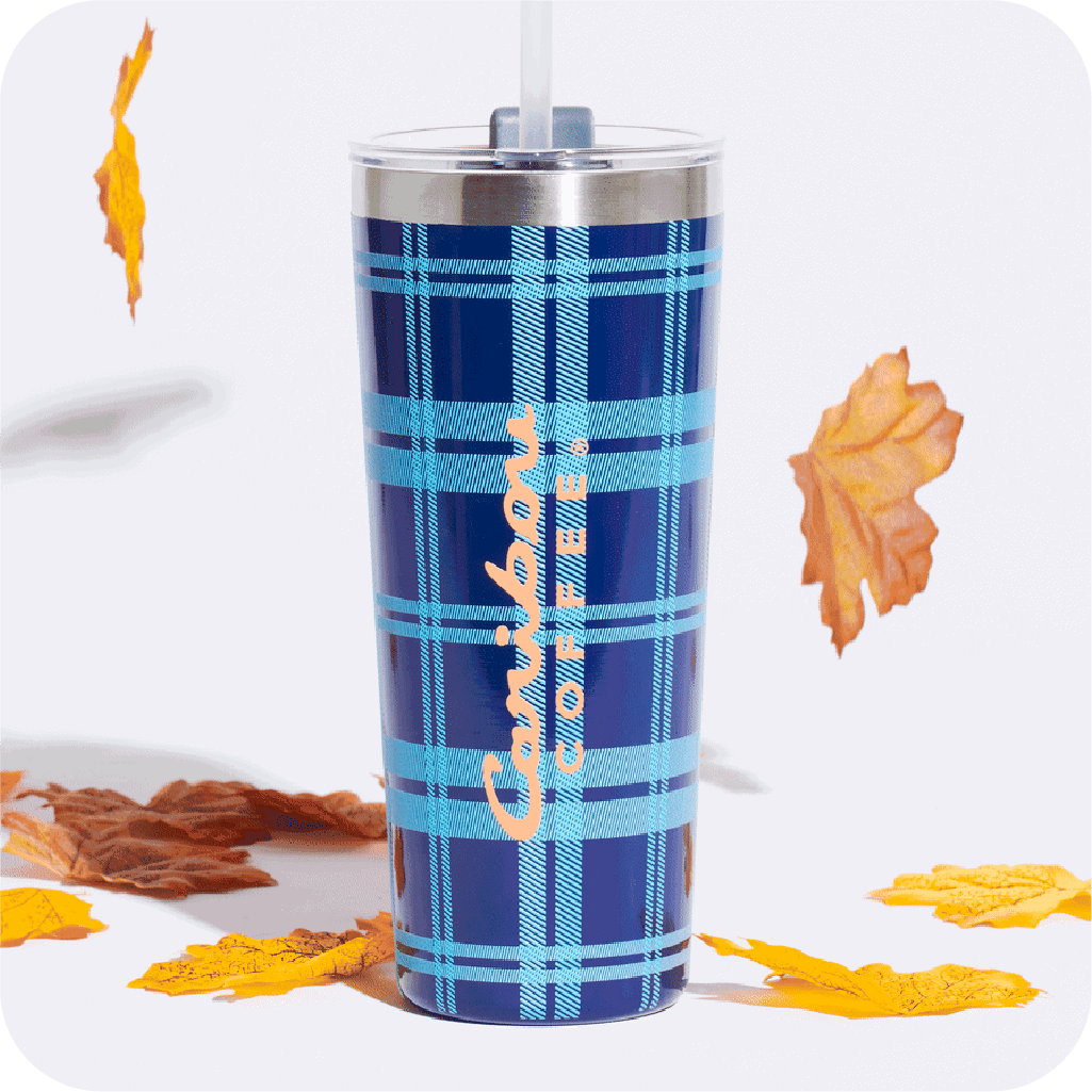 Blue plaid tumbler with leaves falling