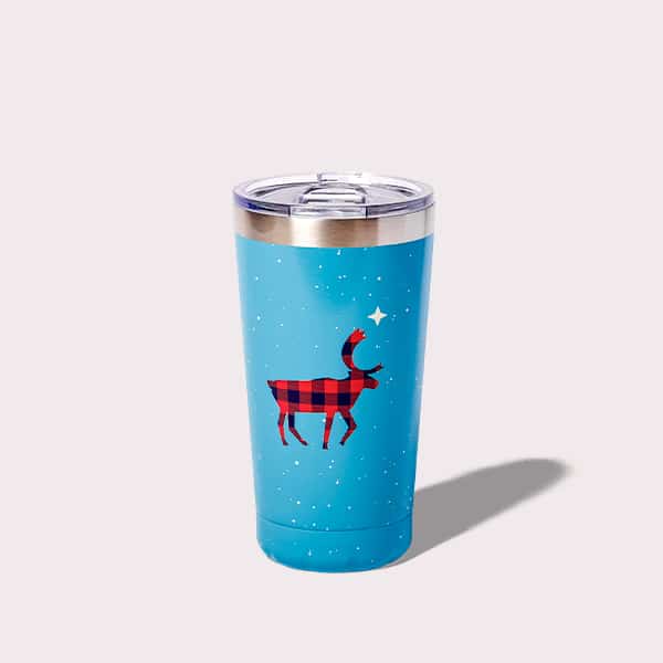 Blue speckled tumbler with a caribou on the front