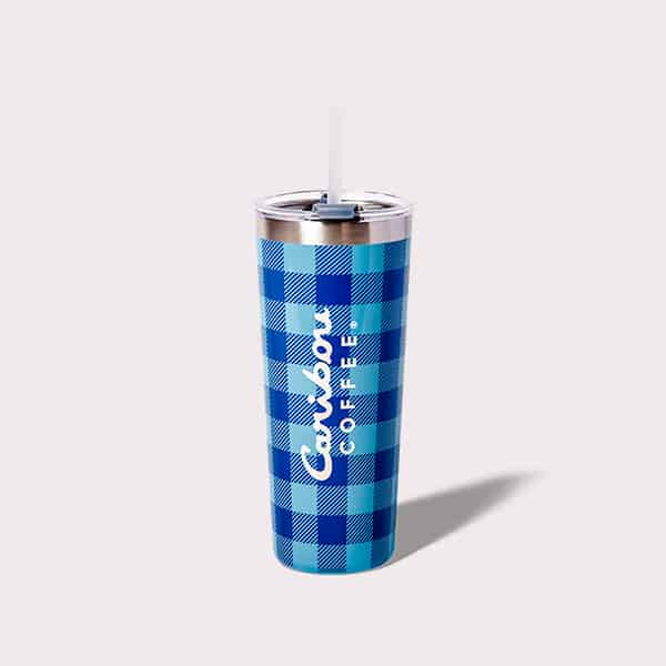 Bue and Cariblue plaid tumbler with straw