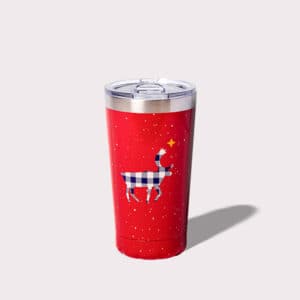 Red tumbler with a caribou and a star