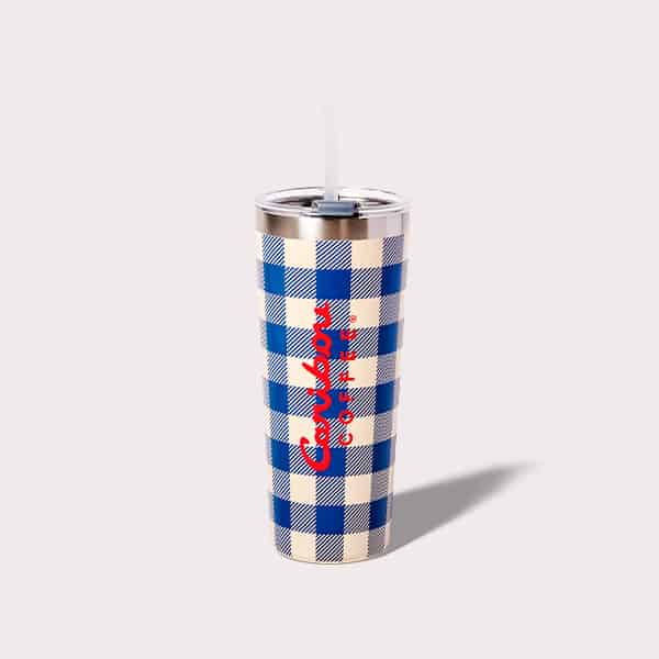 White and Blue Plaid Tumbler with a straw