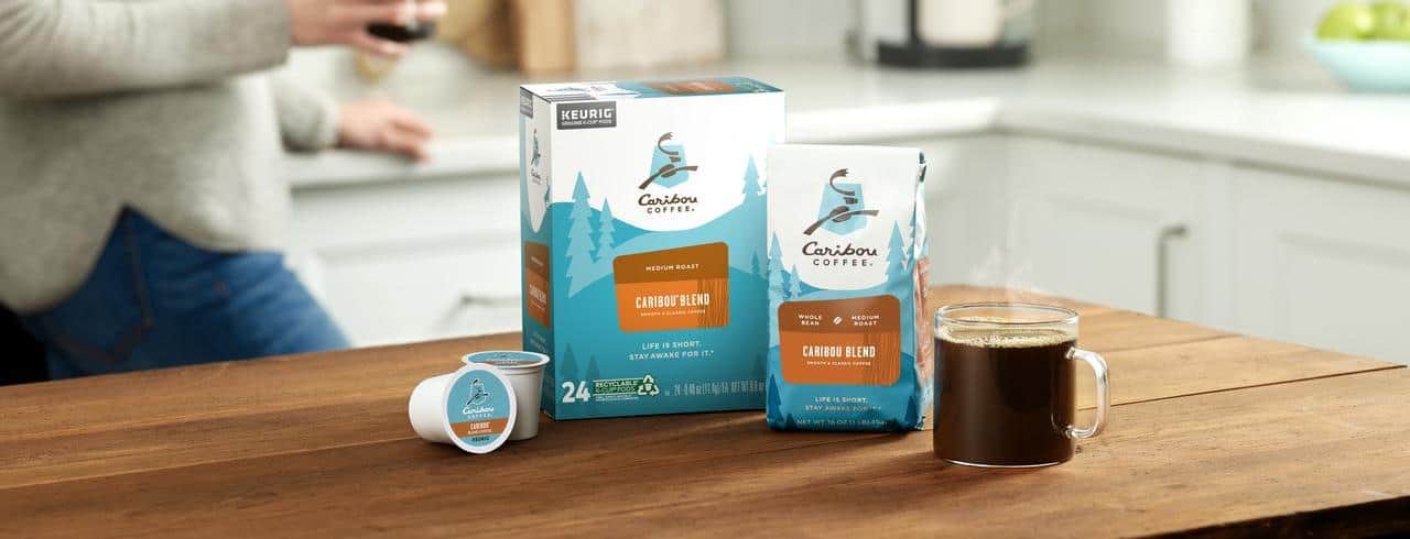 Caribou Blend Coffee Bagged beans and K-Cup® Pods. 