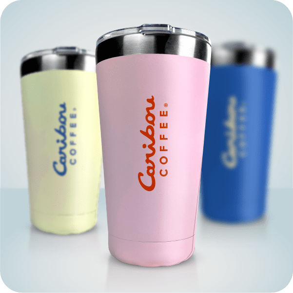 Three different drinkware items from Caribou Coffee. Shop Drinkware now.