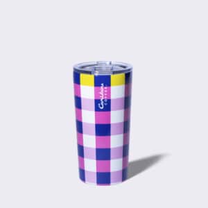 Pink plaid tumbler with closure n the top.