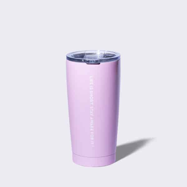 Pink tumbler with Life is short, stay awake for it tagline.