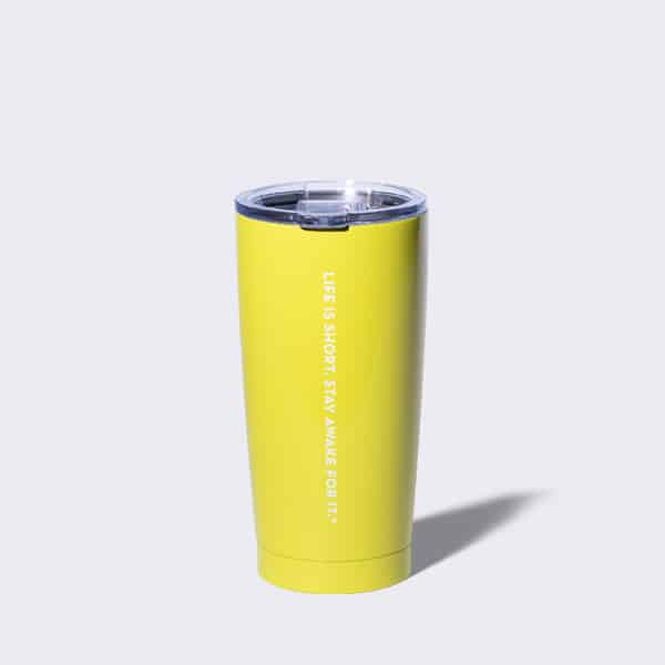 Yellow tumbler with Life is short, stay awake for it tagline.