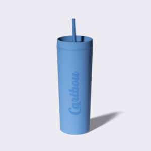 Blue silicone straw tumbler with Caribou writing.