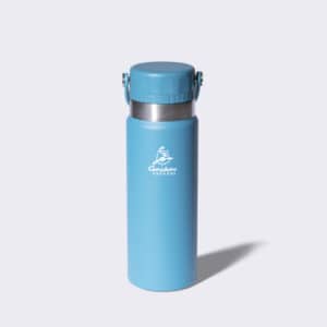 Stainless steel blue water bottle with a Caribou Coffee logo and a handle.