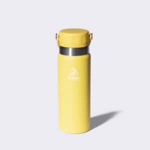 Stainless yellow water bottle with a Caribou Coffee logo and a handle.