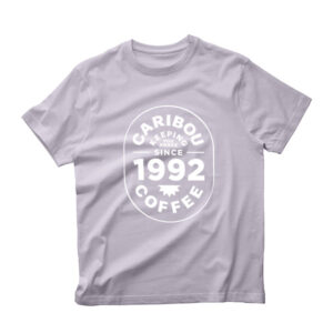 Grey Caribou Coffee shirt with Keeping You awake since 1992.
