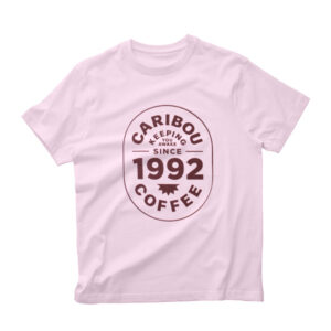Pink Caribou Coffee shirt with Keeping You awake since 1992.