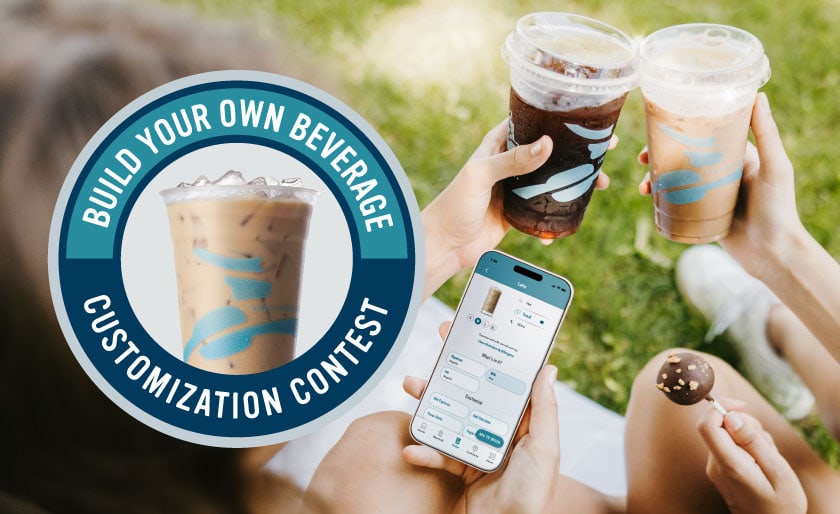 Build your own beverage customization contest. Two women cheersing cups and looking at the caribou coffee app.