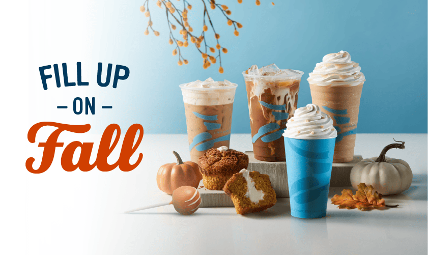 Fill up on Fall. Fall menu at Caribou Coffee features the Pumpkin Espresso Shaker, Pumpkin White Mocha, Pumpkin Cream Cheese Muffin and 15 different beverage options to try.